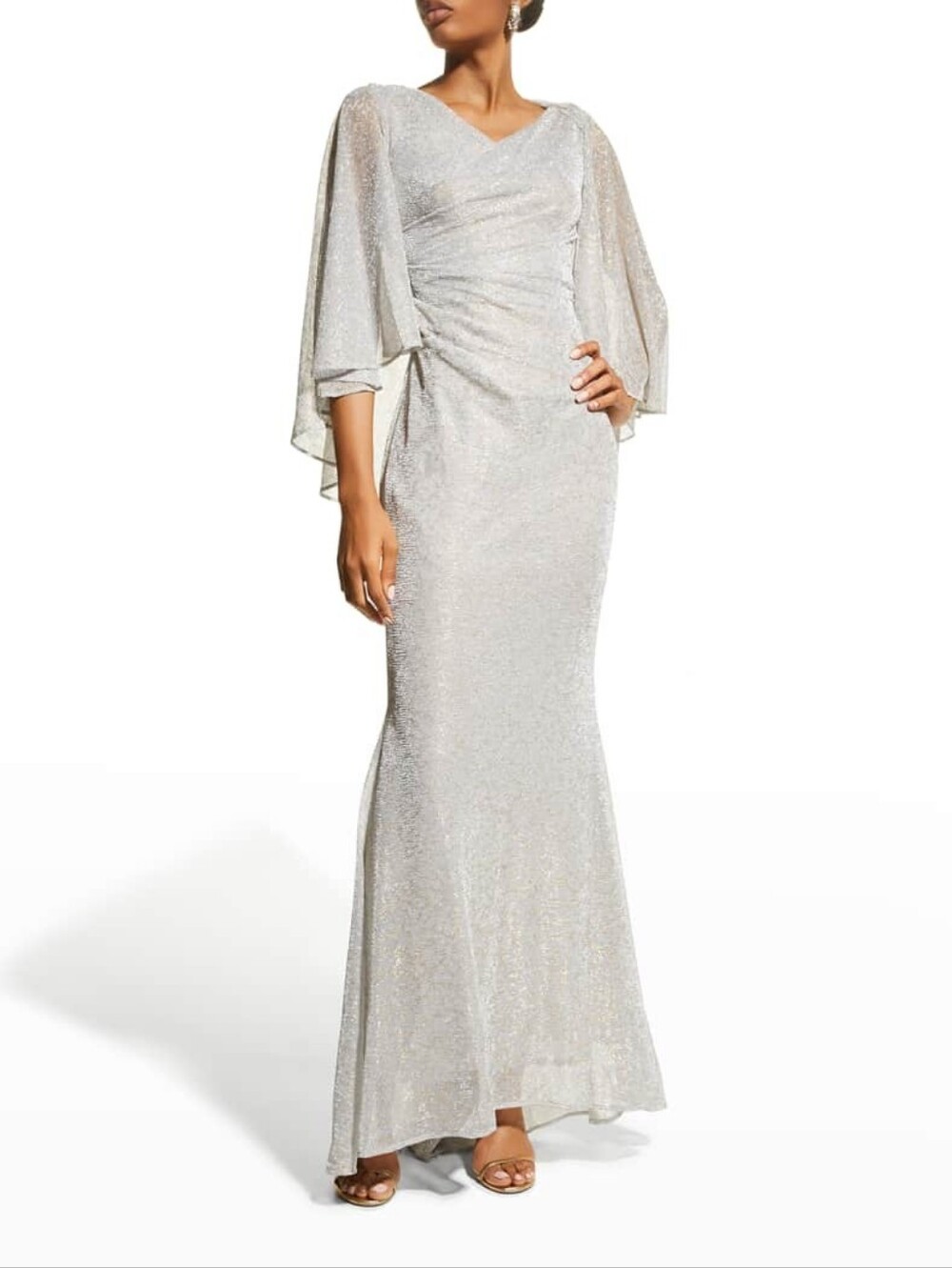 Talbot Runhof Silver Gold Sparkle Evening Gown with Cape Sleeves
